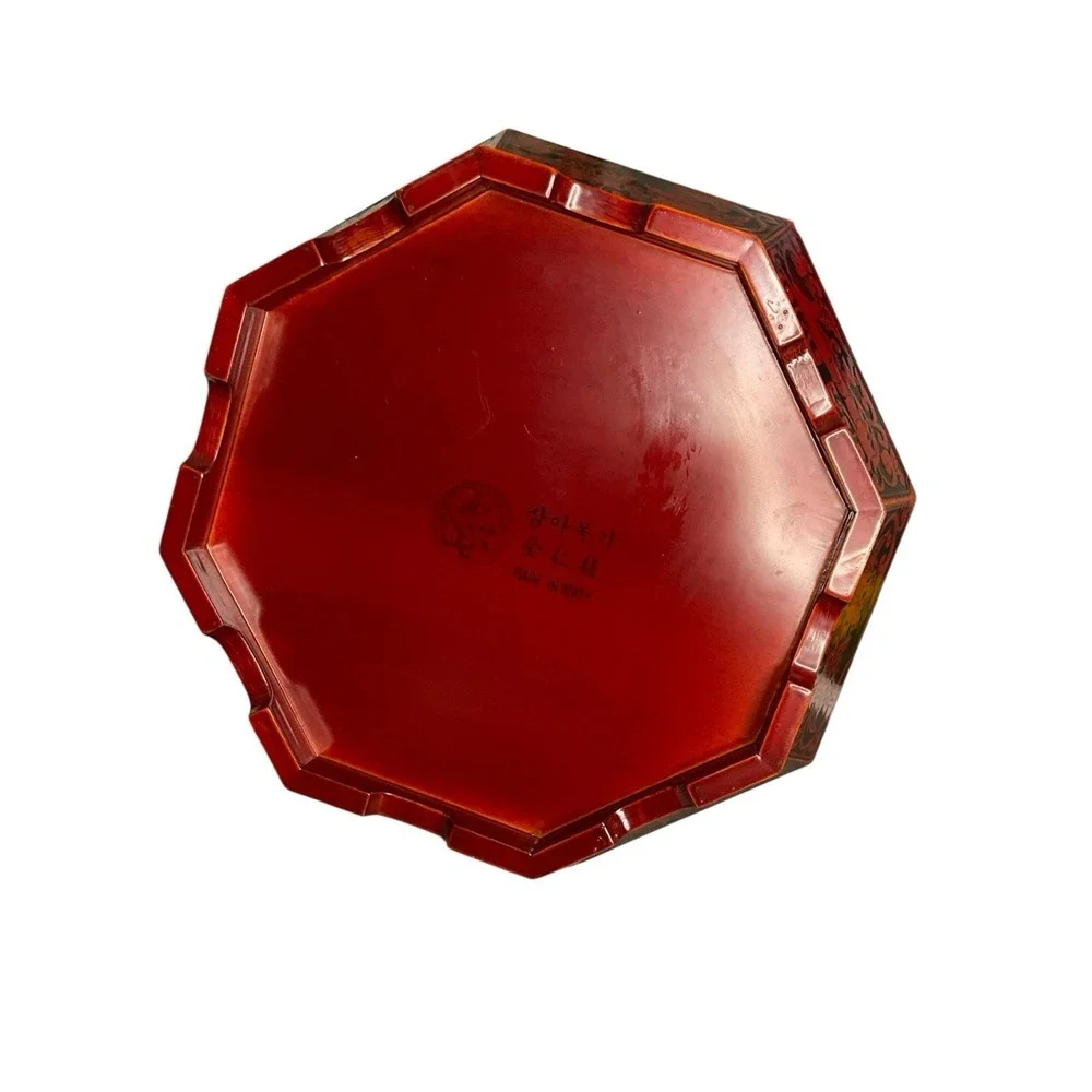 Vintage Korean Red Octagon Wooden Stack Serving Platter Trays Bowl Set Of‎ 2